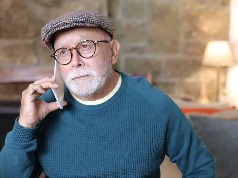 Older man wearing glasses and a flat cap talking on a smartphone indoors.