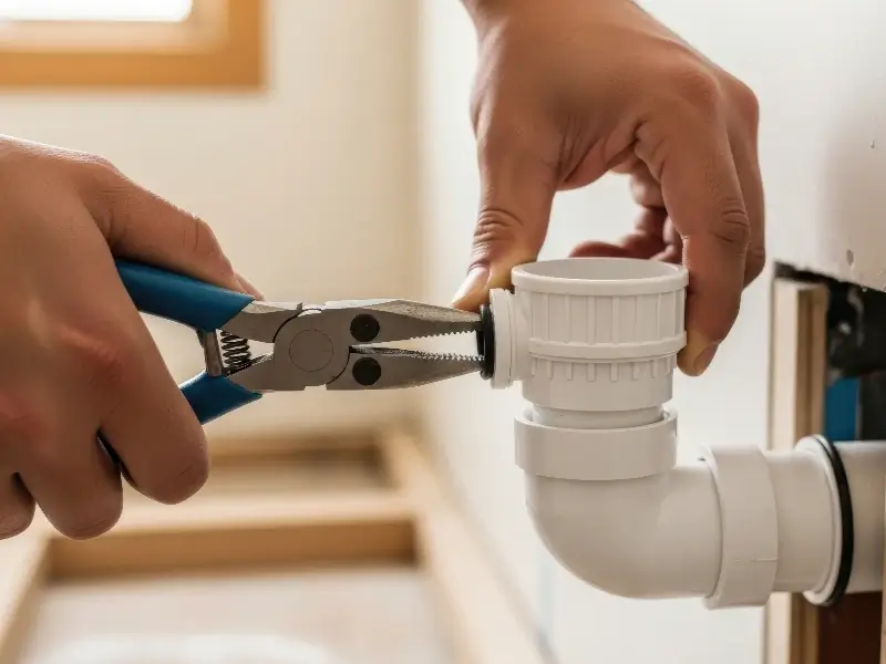 Hands using pliers to tighten a white plastic pipe fitting under a sink.
