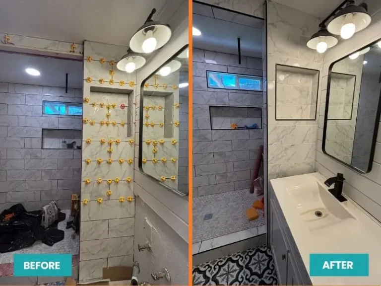 Bathroom renovation showing tiled shower area before and after with new sink and mirror installed.