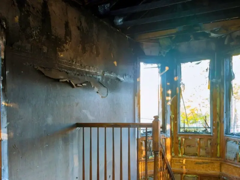 Sunlight shines through damaged windows onto a charred and peeling interior wall.
