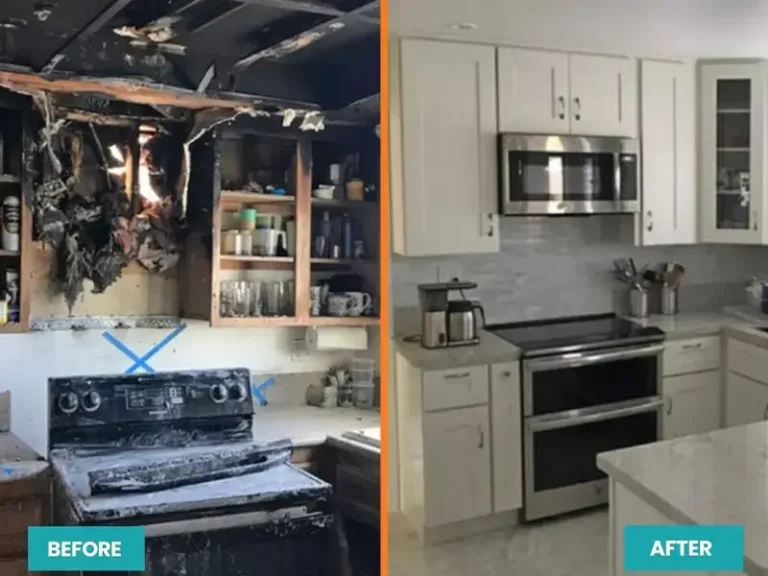 Kitchen stove and cabinets severely damaged by fire on the left, fully renovated modern kitchen on the right.