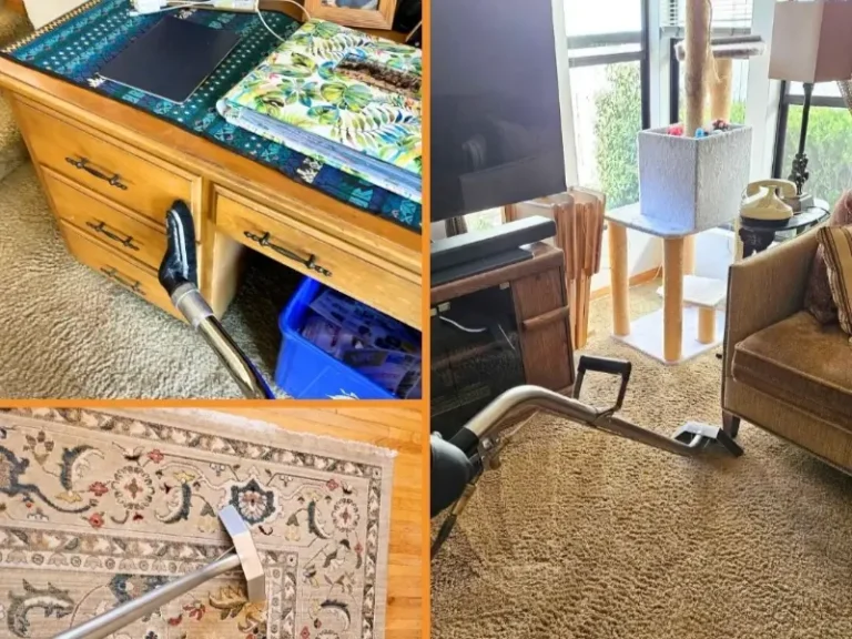 Vacuum cleaner attachments cleaning carpet near a wooden desk, a rug, and a living room area.