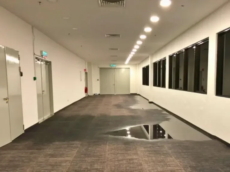 Empty hallway with carpeted floor and a large puddle of water reflecting ceiling lights.