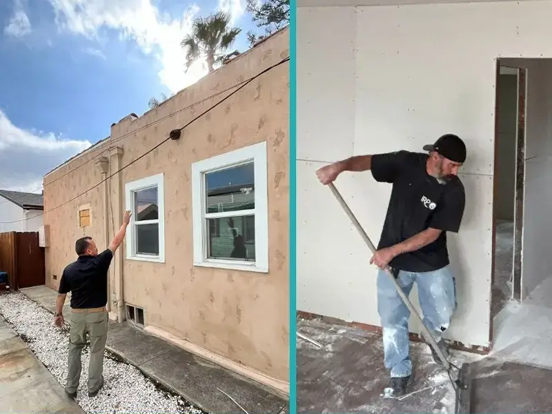 Man inspecting exterior wall of a building and another man cleaning a floor inside a room under construction.