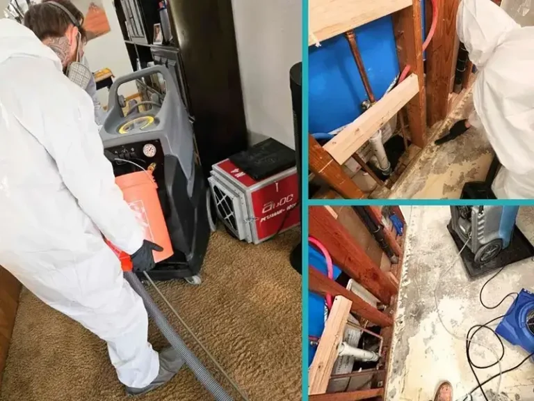 Person in protective suit using equipment to dry carpet and exposed wall studs in a water-damaged room.