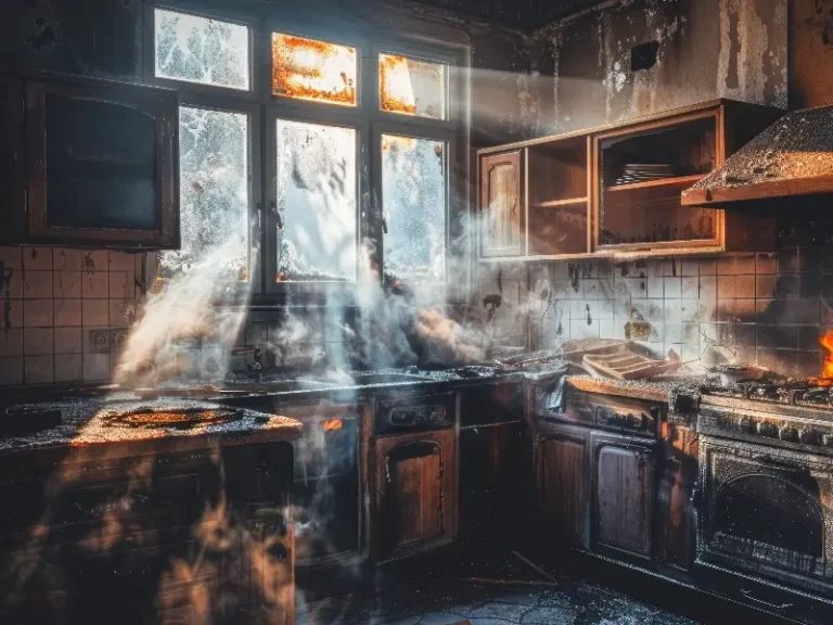 Abandoned kitchen with sunlight streaming through dirty windows and smoke or mist filling the room.