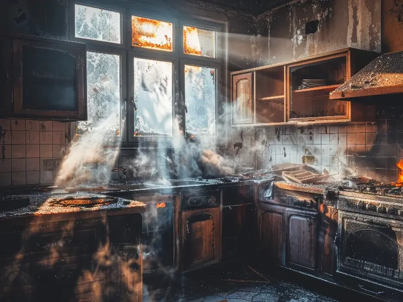 Abandoned kitchen with sunlight streaming through dirty windows and smoke or mist filling the room.