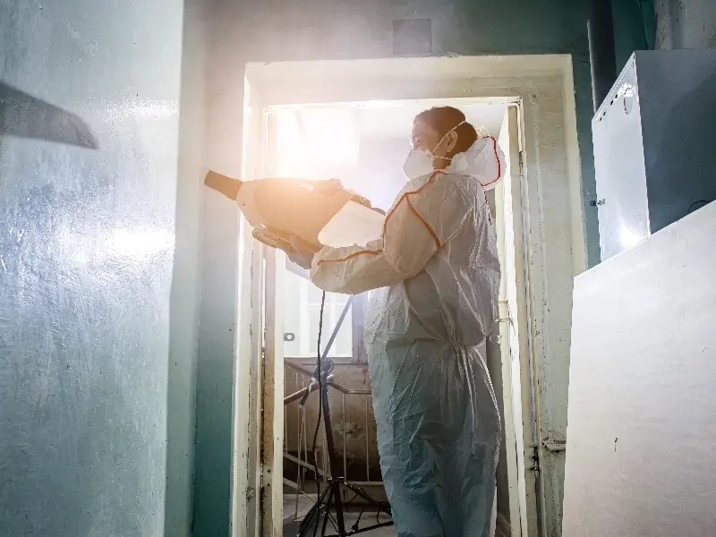 Person in protective suit and mask disinfecting a room with a fogging machine.