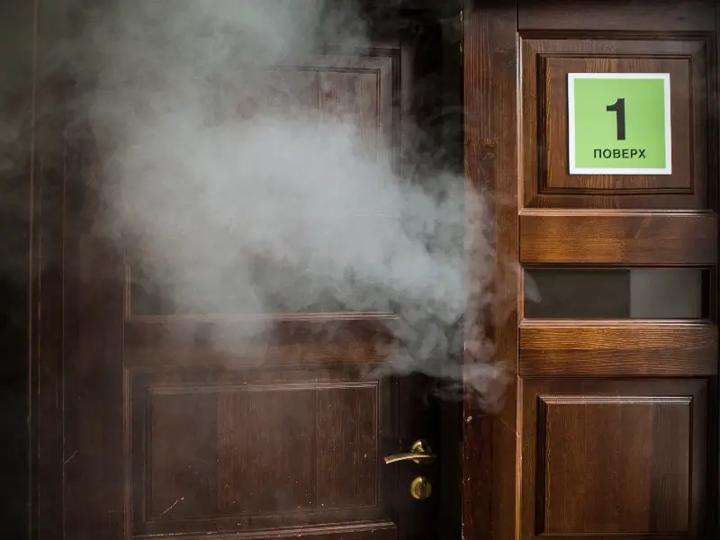 Smoke billowing out of a partially open wooden door with a green sign labeled "1" on it.